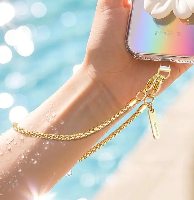 Alt view image 7 of 7 - Phone Charm Strap Metal Chain Wristlet for iPhone case Hands-Free Phone Wrist Strap with 2 Tether Tabs Anti Theft strap for Women & Girls Travelling & Parties(Honey Gold)