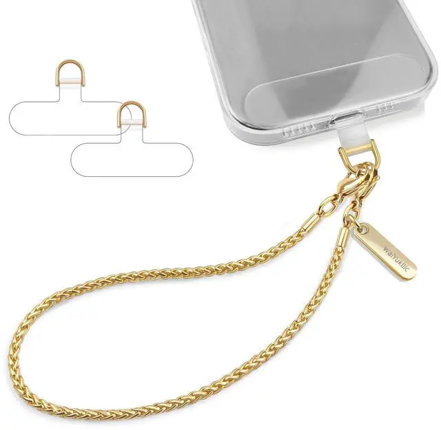Main image of Phone Charm Strap Metal Chain Wristlet for iPhone case Hands-Free Phone Wrist Strap with 2 Tether Tabs Anti Theft strap for Women & Girls Travelling & Parties(Honey Gold)