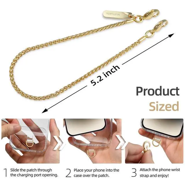 Alt view image 3 of 7 - Phone Charm Strap Metal Chain Wristlet for iPhone case Hands-Free Phone Wrist Strap with 2 Tether Tabs Anti Theft strap for Women & Girls Travelling & Parties(Honey Gold)