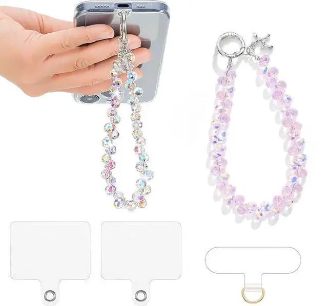 Main image of 2 pcs Phone Wrist Strap Crystal Phone Charm Chain Keychain Beaded Cellphone Lanyard Detachable with 3 Tether Tab Hands-Free Wristlet Bracelet Wrist Grip for Women Girls Universal for iPhone White Pink