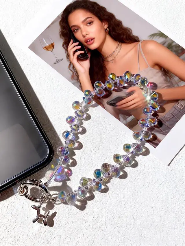 Alt view image 2 of 7 - 2 pcs Phone Wrist Strap Crystal Phone Charm Chain Keychain Beaded Cellphone Lanyard Detachable with 3 Tether Tab Hands-Free Wristlet Bracelet Wrist Grip for Women Girls Universal for iPhone White Pink