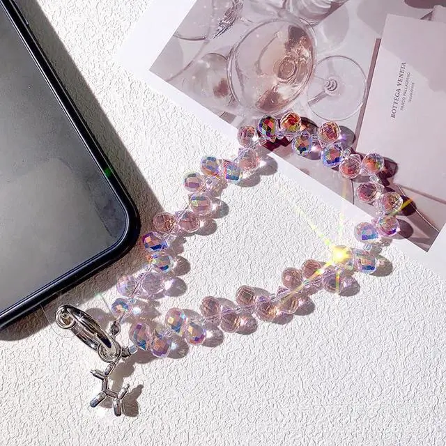 Alt view image 3 of 7 - 2 pcs Phone Wrist Strap Crystal Phone Charm Chain Keychain Beaded Cellphone Lanyard Detachable with 3 Tether Tab Hands-Free Wristlet Bracelet Wrist Grip for Women Girls Universal for iPhone White Pink