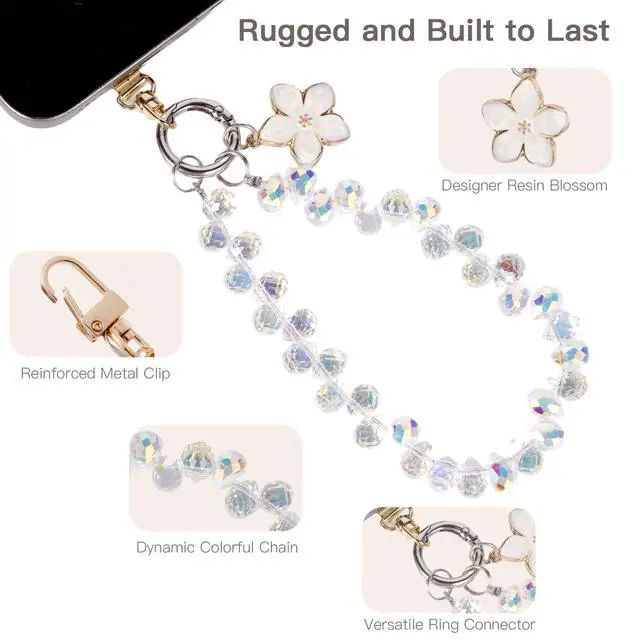 Alt view image 3 of 6 - Sparkling Crystal Cell Phone Wrist Strap for iPhone 17 Series, Samsung Galaxy & Most Cellphones | Universal Anti-Lost Wristlet Lanyard with Flower Charm | Fashionable Mobile Accessories | Detachable