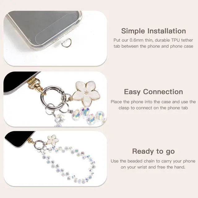 Alt view image 6 of 6 - Sparkling Crystal Cell Phone Wrist Strap for iPhone 17 Series, Samsung Galaxy & Most Cellphones | Universal Anti-Lost Wristlet Lanyard with Flower Charm | Fashionable Mobile Accessories | Detachable