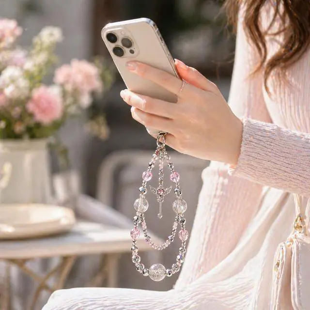 Alt view image 2 of 7 - Fairy Aesthetic Beaded Phone Charm Strap with Glitter Crystal Beads, Cute Double-Layer Wrist Chain with Angel Wand Pendant, Trendy Girly Phone Strap for Case, Bag Charm & AirPods Decoration