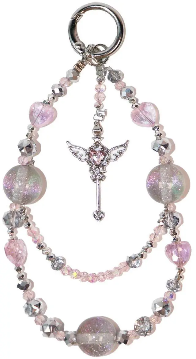 Main image of Fairy Aesthetic Beaded Phone Charm Strap with Glitter Crystal Beads, Cute Double-Layer Wrist Chain with Angel Wand Pendant, Trendy Girly Phone Strap for Case, Bag Charm & AirPods Decoration