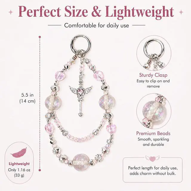 Alt view image 3 of 7 - Fairy Aesthetic Beaded Phone Charm Strap with Glitter Crystal Beads, Cute Double-Layer Wrist Chain with Angel Wand Pendant, Trendy Girly Phone Strap for Case, Bag Charm & AirPods Decoration