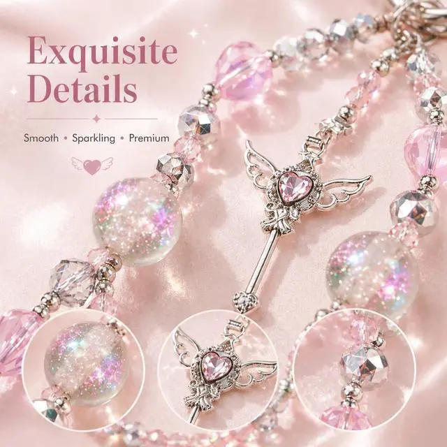 Alt view image 6 of 7 - Fairy Aesthetic Beaded Phone Charm Strap with Glitter Crystal Beads, Cute Double-Layer Wrist Chain with Angel Wand Pendant, Trendy Girly Phone Strap for Case, Bag Charm & AirPods Decoration
