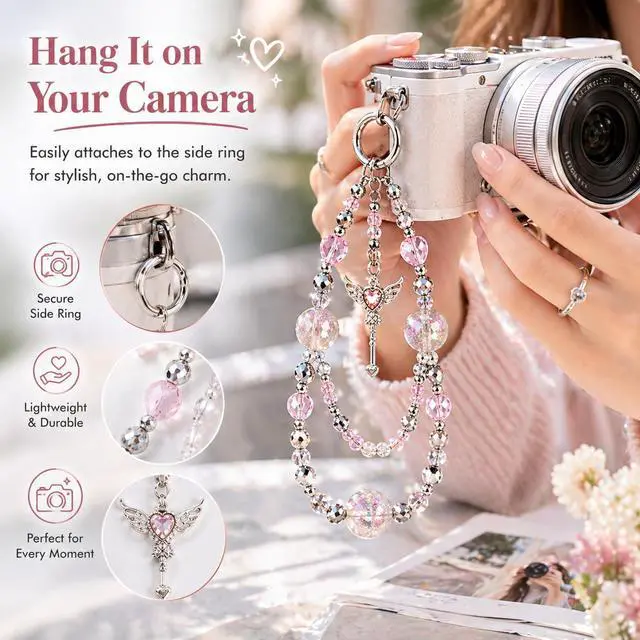 Alt view image 5 of 7 - Fairy Aesthetic Beaded Phone Charm Strap with Glitter Crystal Beads, Cute Double-Layer Wrist Chain with Angel Wand Pendant, Trendy Girly Phone Strap for Case, Bag Charm & AirPods Decoration