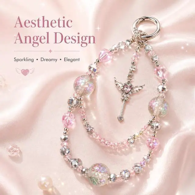 Alt view image 7 of 7 - Fairy Aesthetic Beaded Phone Charm Strap with Glitter Crystal Beads, Cute Double-Layer Wrist Chain with Angel Wand Pendant, Trendy Girly Phone Strap for Case, Bag Charm & AirPods Decoration