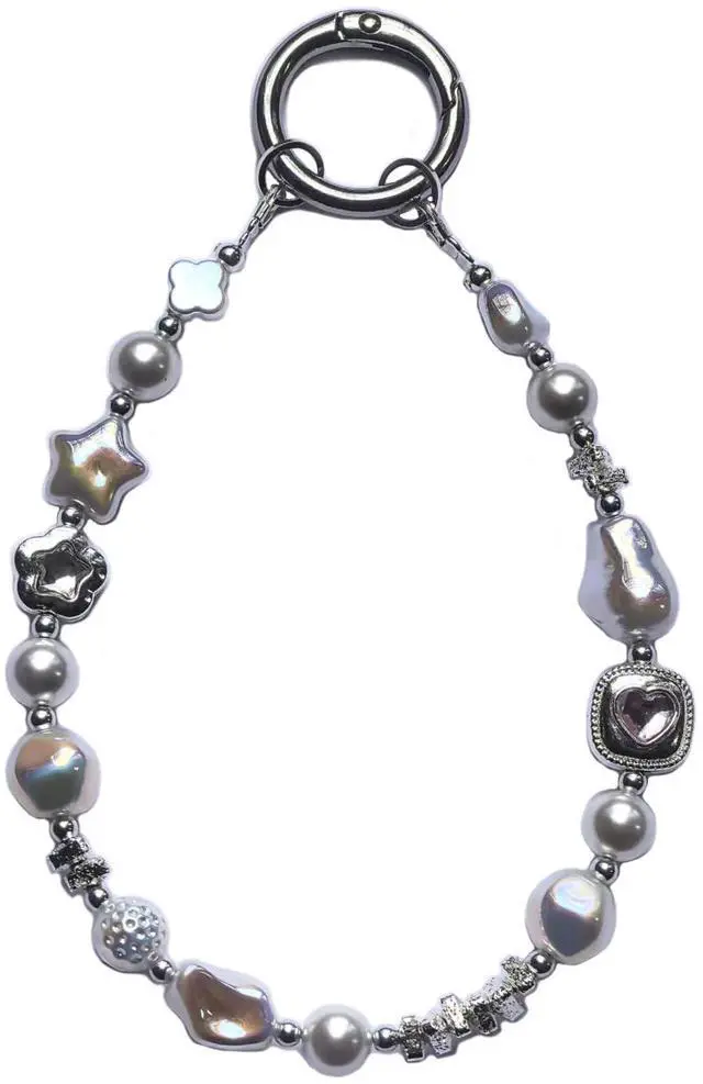 Main image of Baroque Style Pearl and Crystal Beaded Phone Wrist Strap Lanyard, CellPhone Chain Bracelet wristlet, Camera and Keychain Lanyard with Heart Charm, Star Accents
