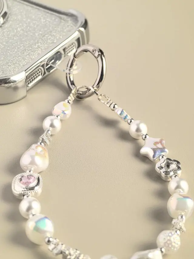 Alt view image 2 of 7 - Baroque Style Pearl and Crystal Beaded Phone Wrist Strap Lanyard, CellPhone Chain Bracelet wristlet, Camera and Keychain Lanyard with Heart Charm, Star Accents