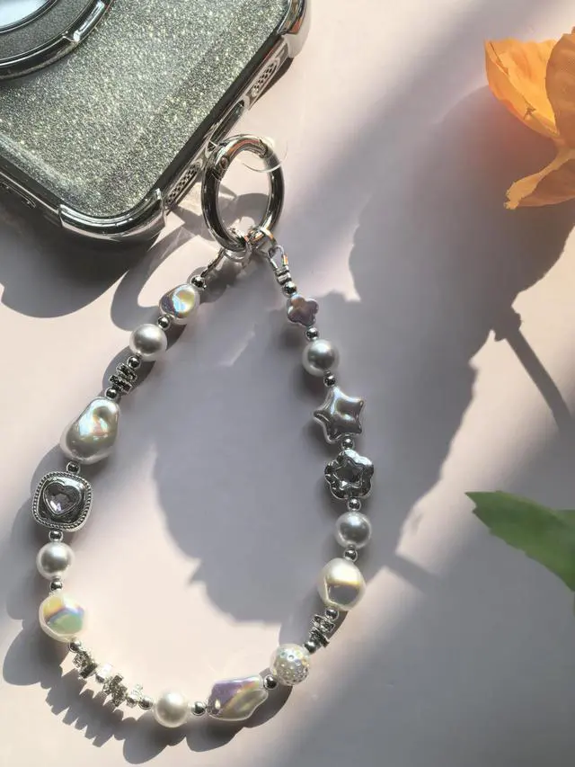 Alt view image 3 of 7 - Baroque Style Pearl and Crystal Beaded Phone Wrist Strap Lanyard, CellPhone Chain Bracelet wristlet, Camera and Keychain Lanyard with Heart Charm, Star Accents