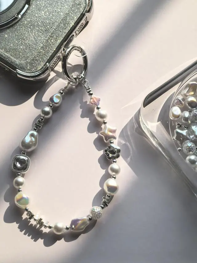 Alt view image 4 of 7 - Baroque Style Pearl and Crystal Beaded Phone Wrist Strap Lanyard, CellPhone Chain Bracelet wristlet, Camera and Keychain Lanyard with Heart Charm, Star Accents