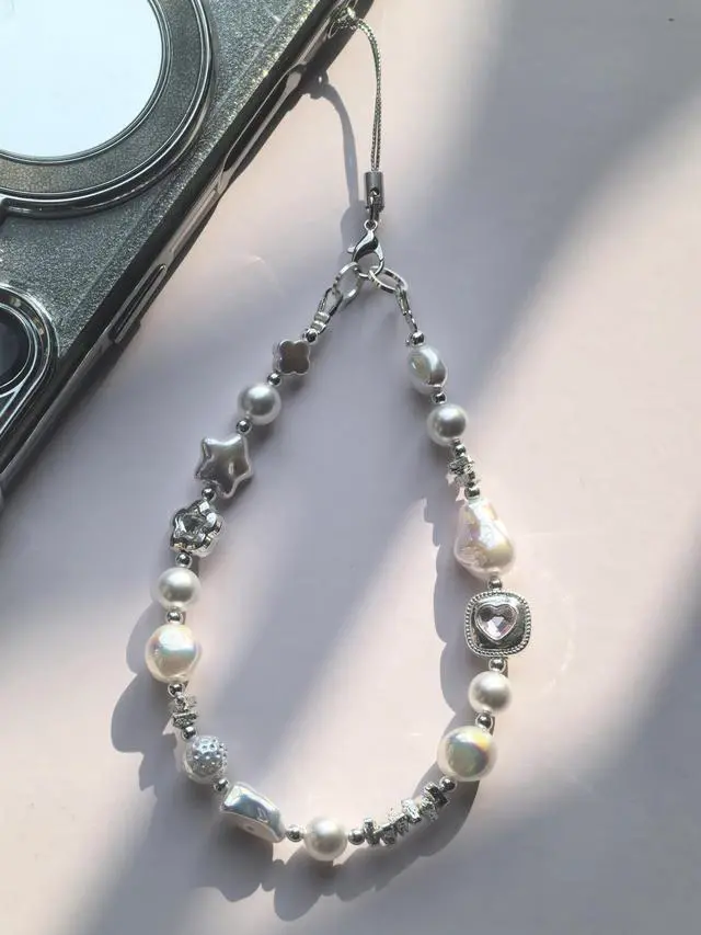 Alt view image 6 of 7 - Baroque Style Pearl and Crystal Beaded Phone Wrist Strap Lanyard, CellPhone Chain Bracelet wristlet, Camera and Keychain Lanyard with Heart Charm, Star Accents