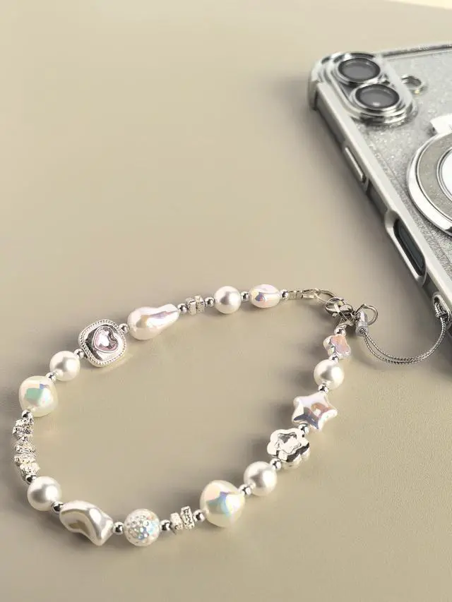 Alt view image 5 of 7 - Baroque Style Pearl and Crystal Beaded Phone Wrist Strap Lanyard, CellPhone Chain Bracelet wristlet, Camera and Keychain Lanyard with Heart Charm, Star Accents