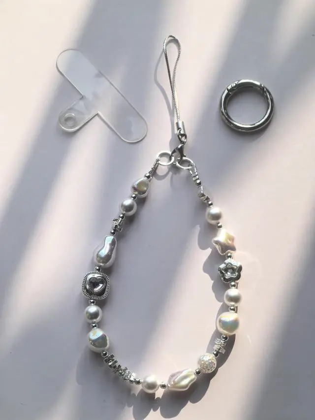 Alt view image 7 of 7 - Baroque Style Pearl and Crystal Beaded Phone Wrist Strap Lanyard, CellPhone Chain Bracelet wristlet, Camera and Keychain Lanyard with Heart Charm, Star Accents