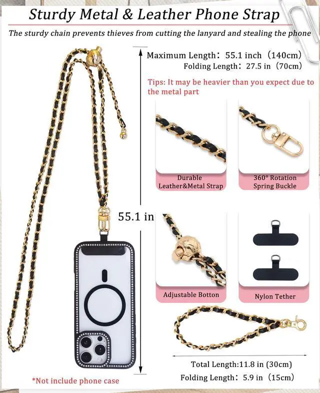 Alt view image 3 of 7 - Universal Crossbody Phone Strap,Metal Cell Phone Chain Leather Anti-Theft Crossbody Lanyard for all smartphone with 1*Wrist Strap2*Tether Tab,2*Key Ring