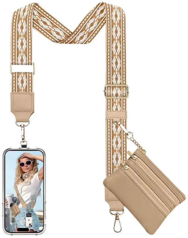 Main image of Clip and Go Phone Strap Crossbody with Leather Wallet, Adjustable Anti-Theft Lanyard with Zippered Pouch, Universal Cell Phone Neck Lanyard for Most Smartphone Cases, Brown