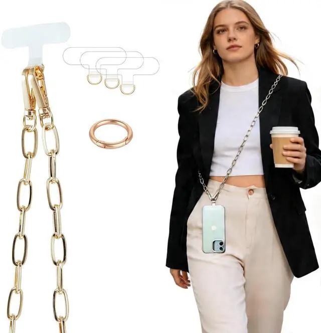Main image of Crossbody Phone Lanyard Chain Shoulder CellPhone Strap Phone Charm Neck Chain iPhone Holder 3 Pad Patche Tether Universal for iPhone 16 Pro Max 15 14 11 Samsung S24 Flip 5 Google Moto Gold