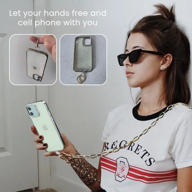 Alt view image 7 of 7 - Crossbody Phone Lanyard Chain Shoulder CellPhone Strap Phone Charm Neck Chain iPhone Holder 3 Pad Patche Tether Universal for iPhone 16 Pro Max 15 14 11 Samsung S24 Flip 5 Google Moto Gold