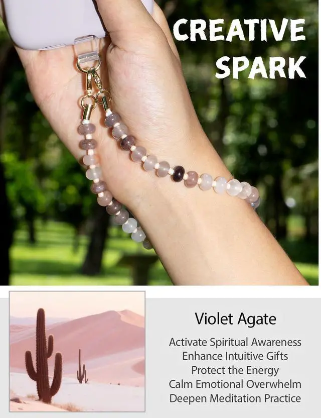 Alt view image 2 of 6 - Handmade Natural Gemstone Crystal Beaded Charm Cell Phone Camera Lanyard, Hands-Free Wrist Strap, Phone Chain String, Keychain Decor for Wallet (Violet Agate)