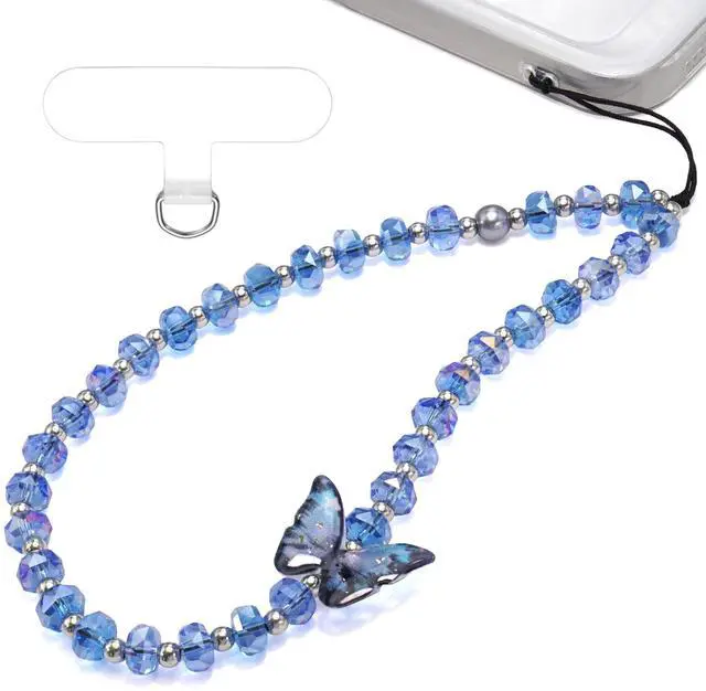Main image of Butterfly & Floral Phone Charm Wrist Strap, Lanyard Wristlet Chain, Anti-Theft Bracelet Strap for iPhone & More Cases (Blue)