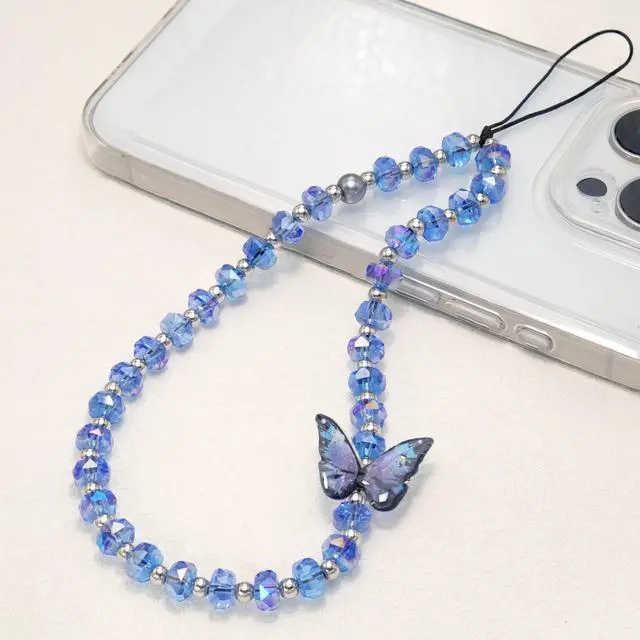 Alt view image 2 of 6 - Butterfly & Floral Phone Charm Wrist Strap, Lanyard Wristlet Chain, Anti-Theft Bracelet Strap for iPhone & More Cases (Blue)