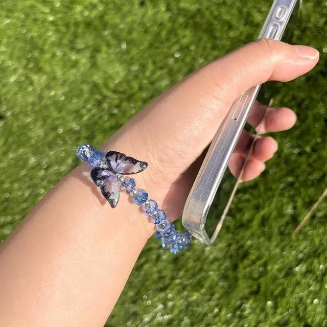 Alt view image 3 of 6 - Butterfly & Floral Phone Charm Wrist Strap, Lanyard Wristlet Chain, Anti-Theft Bracelet Strap for iPhone & More Cases (Blue)