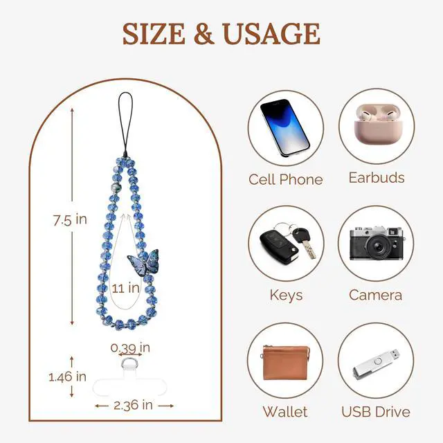 Alt view image 5 of 6 - Butterfly & Floral Phone Charm Wrist Strap, Lanyard Wristlet Chain, Anti-Theft Bracelet Strap for iPhone & More Cases (Blue)
