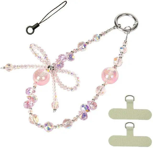 Main image of Handmade Sparkling Crystal Bead Phone Wrist Strap,Beaded Bow - Anti-Drop Strap & 2 Tabs - Women Gift Crystal Pink