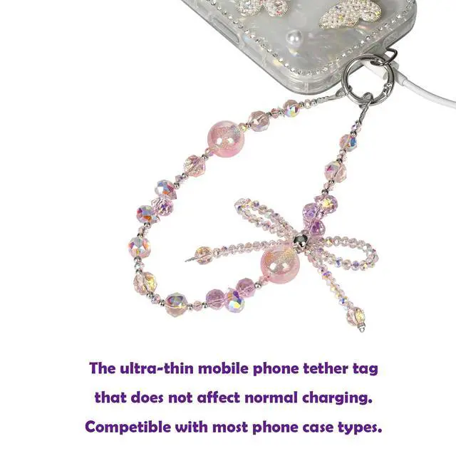 Alt view image 3 of 6 - Handmade Sparkling Crystal Bead Phone Wrist Strap,Beaded Bow - Anti-Drop Strap & 2 Tabs - Women Gift Crystal Pink