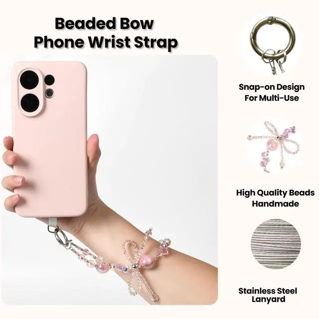 Alt view image 2 of 6 - Handmade Sparkling Crystal Bead Phone Wrist Strap,Beaded Bow - Anti-Drop Strap & 2 Tabs - Women Gift Crystal Pink