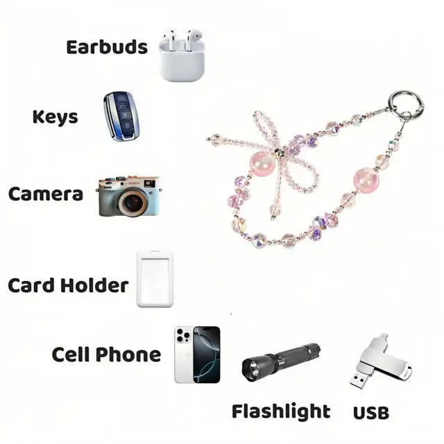 Alt view image 5 of 6 - Handmade Sparkling Crystal Bead Phone Wrist Strap,Beaded Bow - Anti-Drop Strap & 2 Tabs - Women Gift Crystal Pink