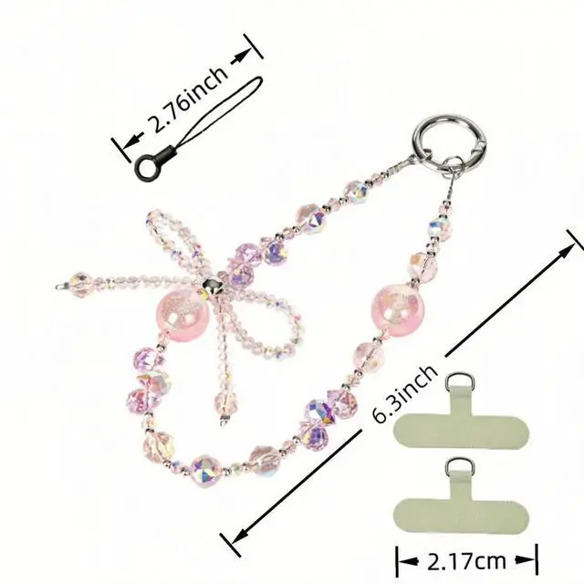Alt view image 6 of 6 - Handmade Sparkling Crystal Bead Phone Wrist Strap,Beaded Bow - Anti-Drop Strap & 2 Tabs - Women Gift Crystal Pink