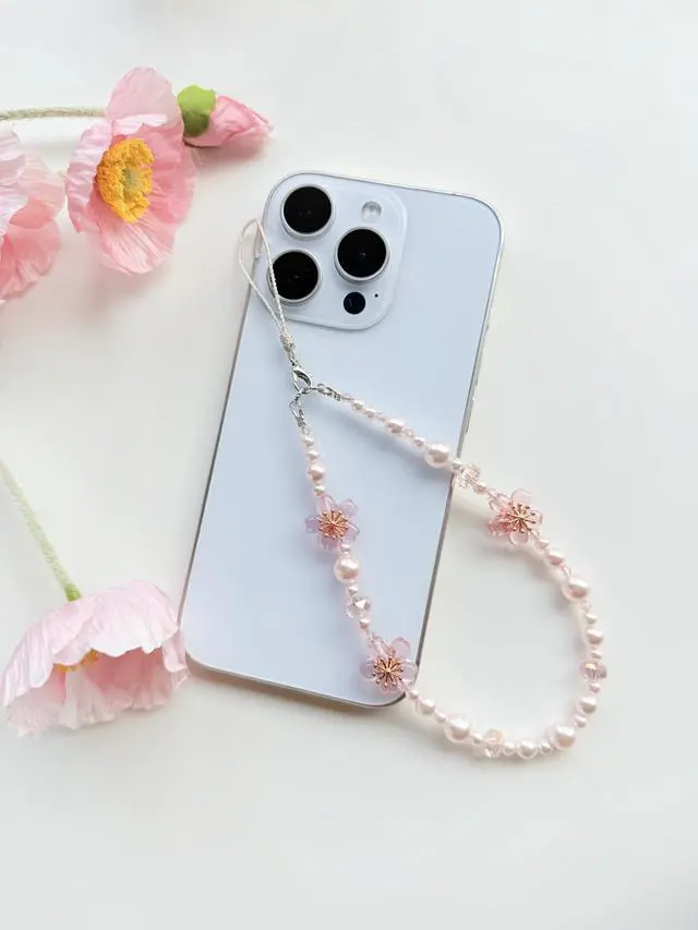 Alt view image 6 of 6 - Cherry Blossom Phone Charm, Pink Crystal, Phone Wrist Strap
