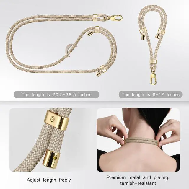 Alt view image 3 of 7 - Cell Phone Lanyard,Crossbody Lanyard and Wrist Strap Premium Metal Buckle Phone Charms with 2 X Strap Patch Compatible with All Smartphone(Khaki)