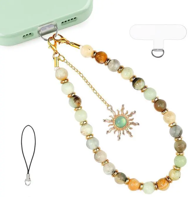 Main image of Natural Stone Charm Phone Golden Sun Beaded Wrist Strap for Women