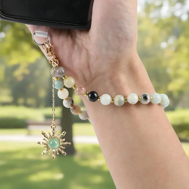 Alt view image 2 of 6 - Natural Stone Charm Phone Golden Sun Beaded Wrist Strap for Women