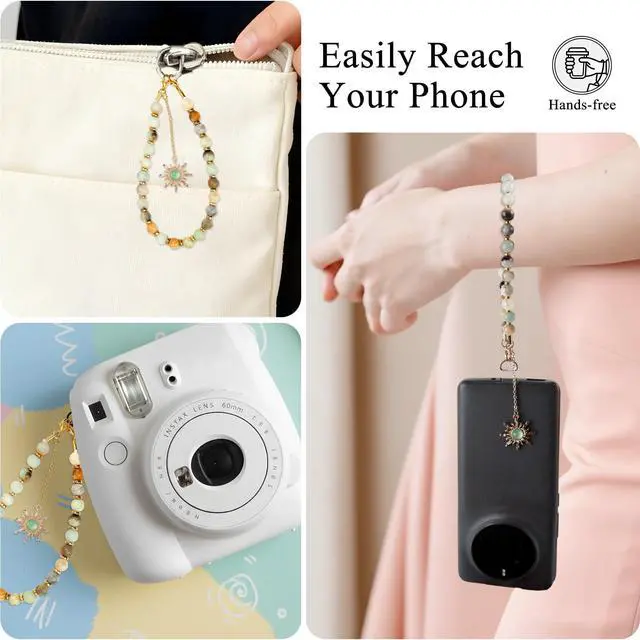 Alt view image 6 of 6 - Natural Stone Charm Phone Golden Sun Beaded Wrist Strap for Women