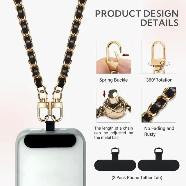 Alt view image 3 of 7 - Crossbody Phone Strap - 2 Pads, Leather & Wrist Strap, Adjustable Finger Strap, Universal Phone Lanyard