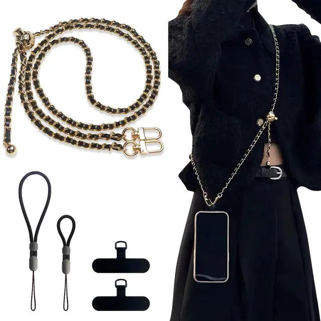 Main image of Crossbody Phone Strap - 2 Pads, Leather & Wrist Strap, Adjustable Finger Strap, Universal Phone Lanyard