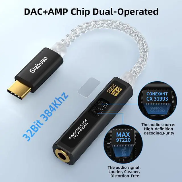 Alt view image 2 of 7 - USB C to Aux 3.5mm Audio Adapter with Dual Chip CX31993+MAX97220,Portable DAC Amp Dongle Headphone Amplifier with Silver-Plated Cable,Compatible with iPhone 15/16/17/Android/Samsung/Mac/PC
