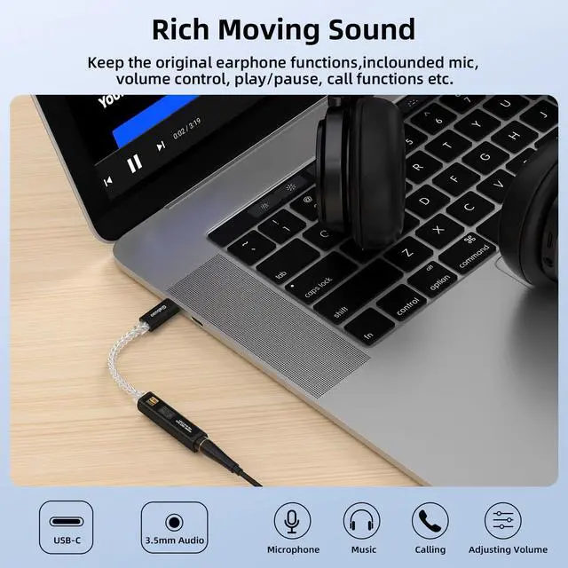 Alt view image 6 of 7 - USB C to Aux 3.5mm Audio Adapter with Dual Chip CX31993+MAX97220,Portable DAC Amp Dongle Headphone Amplifier with Silver-Plated Cable,Compatible with iPhone 15/16/17/Android/Samsung/Mac/PC