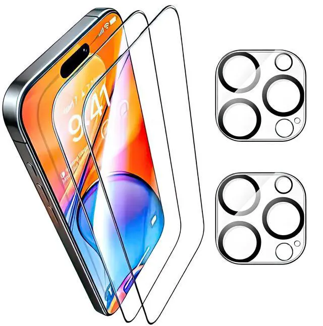 Main image of 2 Pack for iPhone 15 Pro Screen Protector + 2 Pack Camera Lens Protector 9H+ Military Grade Tempered Glass, Shatterproof, Anti-Scratch, HD Clear, Full Coverage, Easy Installation