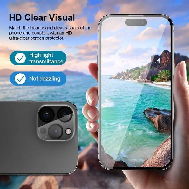 Alt view image 4 of 7 - 2 Pack for iPhone 15 Pro Screen Protector + 2 Pack Camera Lens Protector 9H+ Military Grade Tempered Glass, Shatterproof, Anti-Scratch, HD Clear, Full Coverage, Easy Installation