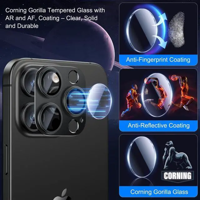 Alt view image 2 of 6 - Upgrade 2 Pack for iPhone 15 Pro/iPhone 15 Pro Max Camera Lens Protector, Aluminum Alloy Metal matte Case Tempered Glass Camera Screen Cover, Scratch Resistant Case Friendly (Black)