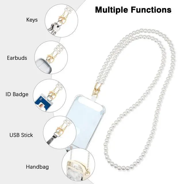 Alt view image 4 of 7 - Pearl Phone Crossbody Chain Lanyard with Wrist Strap and 2 Patches