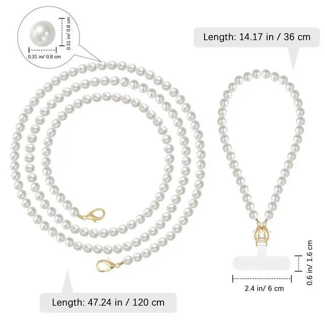 Alt view image 7 of 7 - Pearl Phone Crossbody Chain Lanyard with Wrist Strap and 2 Patches