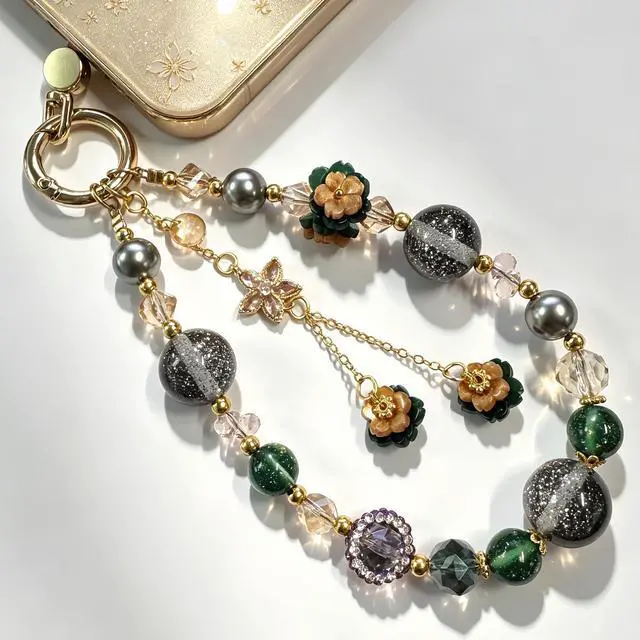 Main image of Vintage Flower Beaded Phone Wrist Strap, Short Wristlet Lanyard